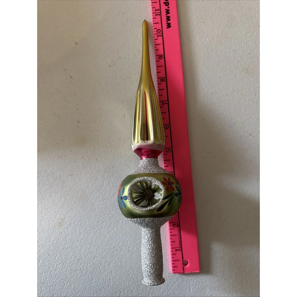 vintage handblown Glass Finial TREE TOPPER Christmas green gold pink floral 11